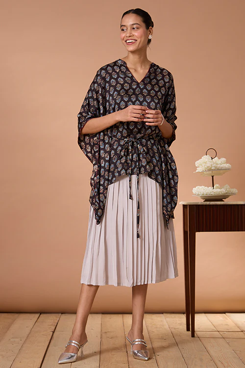 Okhai "Sapphire Hymns" Hand Embroidered MIrrorwork Handblock Printed Modal Ajrakh Kaftaan - Image 4