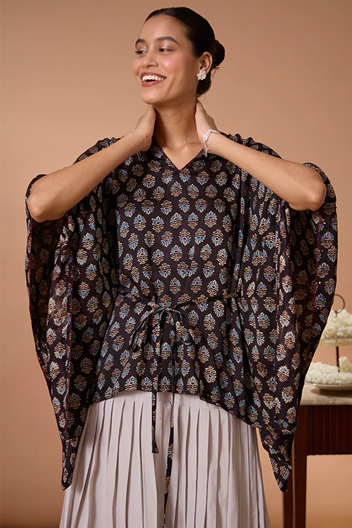 Okhai "Sapphire Hymns" Hand Embroidered MIrrorwork Handblock Printed Modal Ajrakh Kaftaan - Image 6