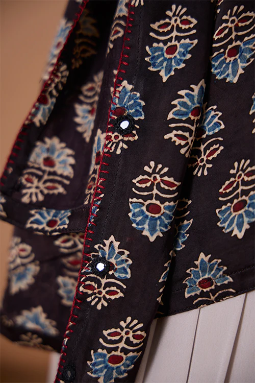 Okhai "Sapphire Hymns" Hand Embroidered MIrrorwork Handblock Printed Modal Ajrakh Kaftaan - Image 8