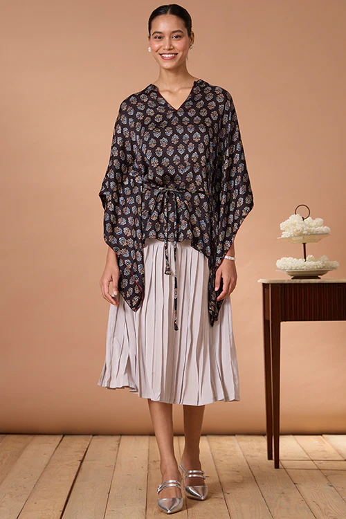 Okhai "Sapphire Hymns" Hand Embroidered MIrrorwork Handblock Printed Modal Ajrakh Kaftaan - Image 9