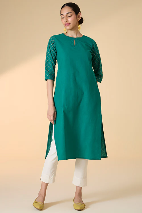 Okhai "Sarang" Hand-Embroidered and Mirrorwork Pure Cotton Emerald Green Kurta | Rescue