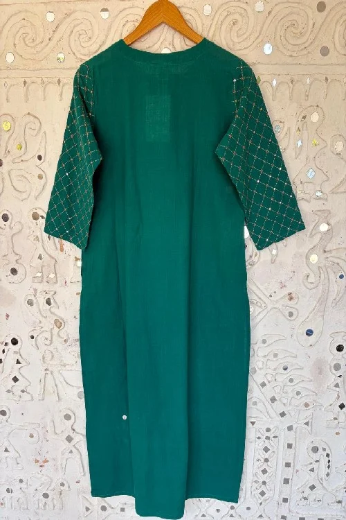 Okhai "Sarang" Hand-Embroidered and Mirrorwork Pure Cotton Emerald Green Kurta | Rescue - Image 3