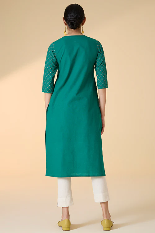 Okhai "Sarang" Hand-Embroidered and Mirrorwork Pure Cotton Emerald Green Kurta | Rescue - Image 6