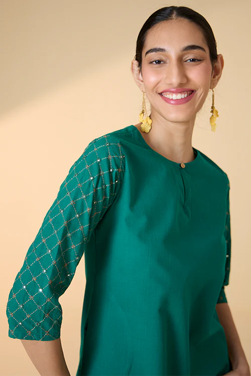 Okhai "Sarang" Hand-Embroidered and Mirrorwork Pure Cotton Emerald Green Kurta | Rescue - Image 7
