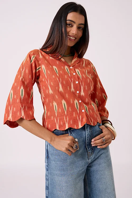 Okhai "Scallop" Pure Cotton Ikat Orange Top - Image 6