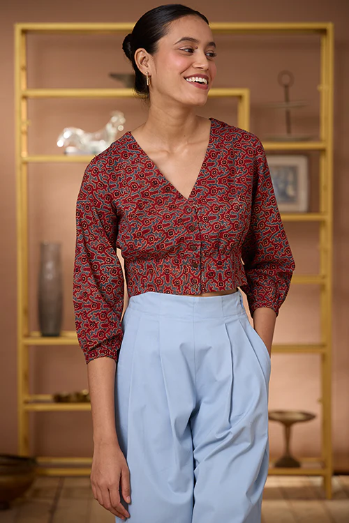 Okhai "Scarlet Haze" Handblock Printed Ajrakh Pure Cotton V-neckline Top - Image 3