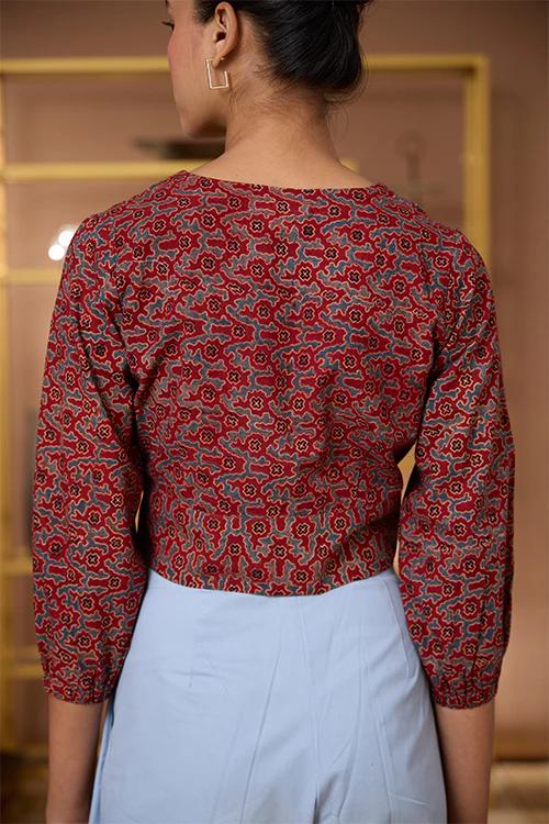 Okhai "Scarlet Haze" Handblock Printed Ajrakh Pure Cotton V-neckline Top - Image 4