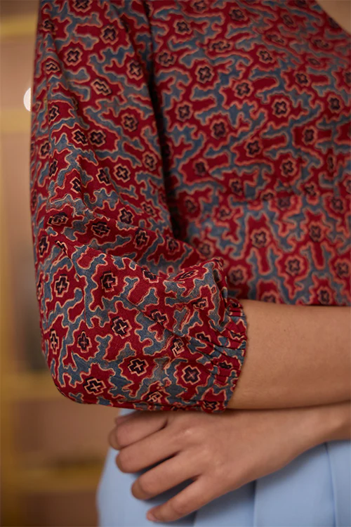 Okhai "Scarlet Haze" Handblock Printed Ajrakh Pure Cotton V-neckline Top - Image 5