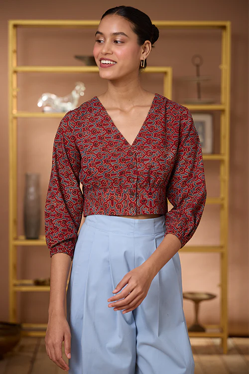 Okhai "Scarlet Haze" Handblock Printed Ajrakh Pure Cotton V-neckline Top - Image 6
