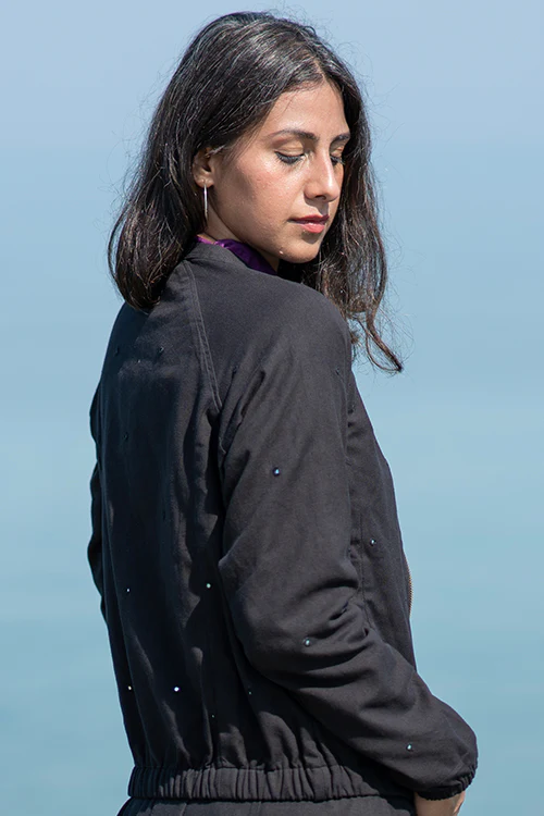 Okhai 'Sitaare' Pure Cotton Hand Embroidered Mirror Work Bomber Jacket - Image 3