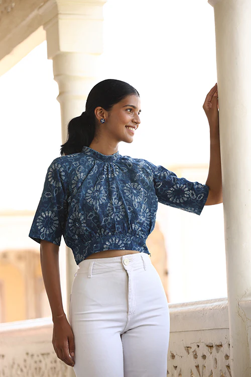 Okhai "Sky Blossom" Hand-Embroidered Beadwork Pure Cotton Indigo Top - Image 3