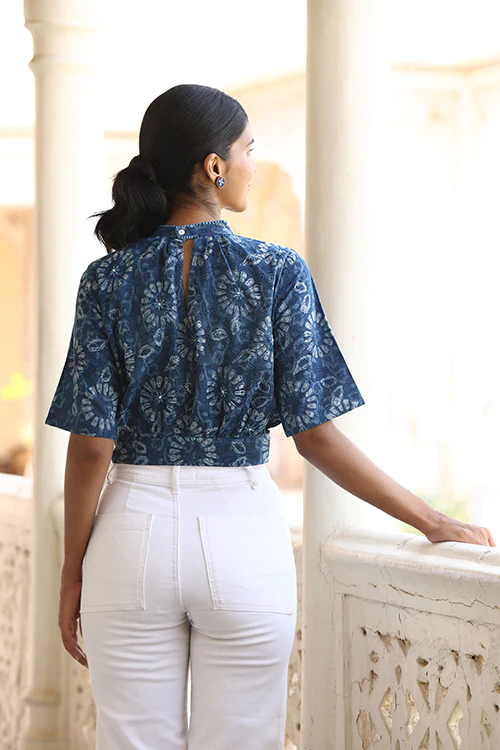 Okhai "Sky Blossom" Hand-Embroidered Beadwork Pure Cotton Indigo Top - Image 4