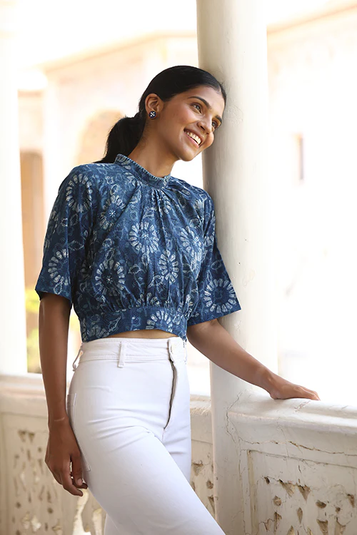 Okhai "Sky Blossom" Hand-Embroidered Beadwork Pure Cotton Indigo Top - Image 5