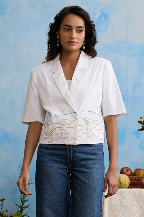 Okhai 'Snow Blossom' Pure Cotton Hand Embroidered Blazer - Image 4