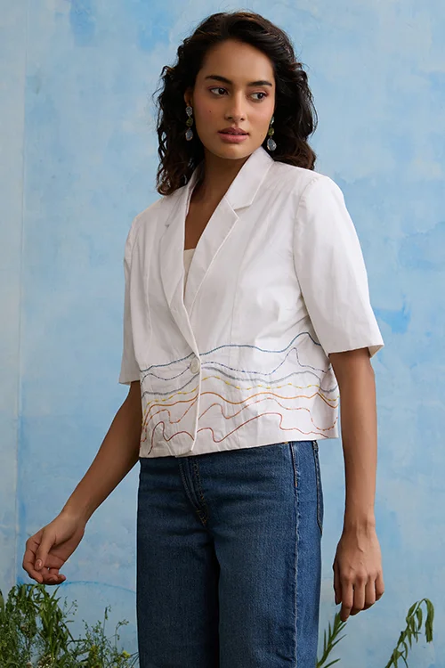 Okhai 'Snow Blossom' Pure Cotton Hand Embroidered Blazer - Image 5