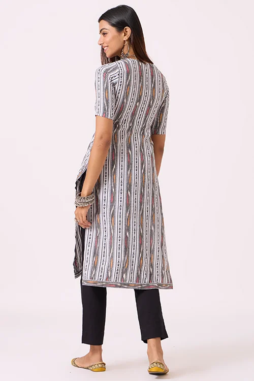 Okhai "Snowline" Pure Cotton Ikat Grey Kurta - Image 3