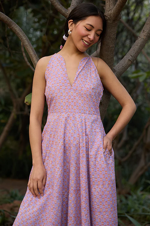 Okhai "Soft Serenade" Hand-block Printed Purple Pure Cotton Dress - Image 3