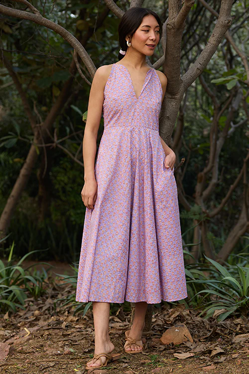 Okhai "Soft Serenade" Hand-block Printed Purple Pure Cotton Dress - Image 4