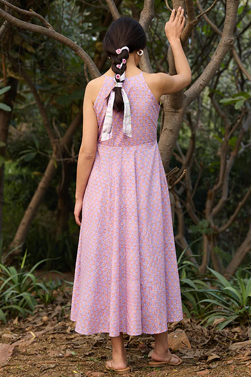 Okhai "Soft Serenade" Hand-block Printed Purple Pure Cotton Dress - Image 5