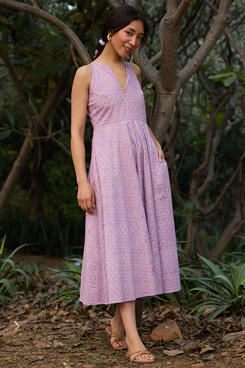Okhai "Soft Serenade" Hand-block Printed Purple Pure Cotton Dress - Image 6