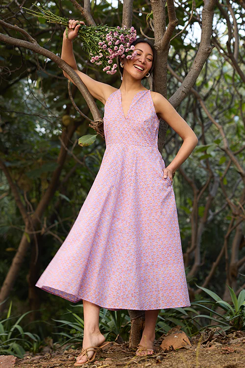 Okhai "Soft Serenade" Hand-block Printed Purple Pure Cotton Dress - Image 7