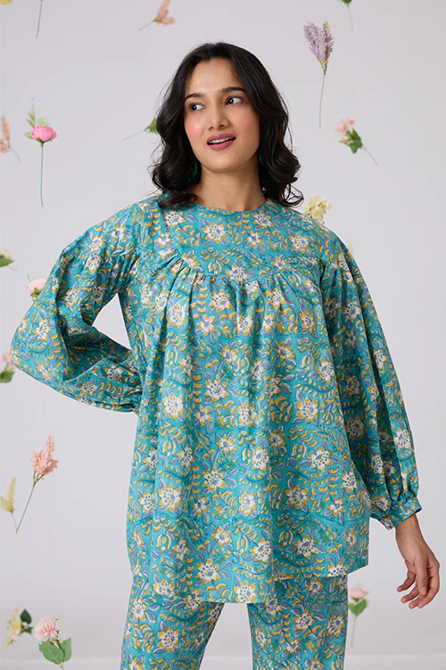 Okhai "Solitude" Handblock Printed Pure Cotton Top Pants Set - Image 2