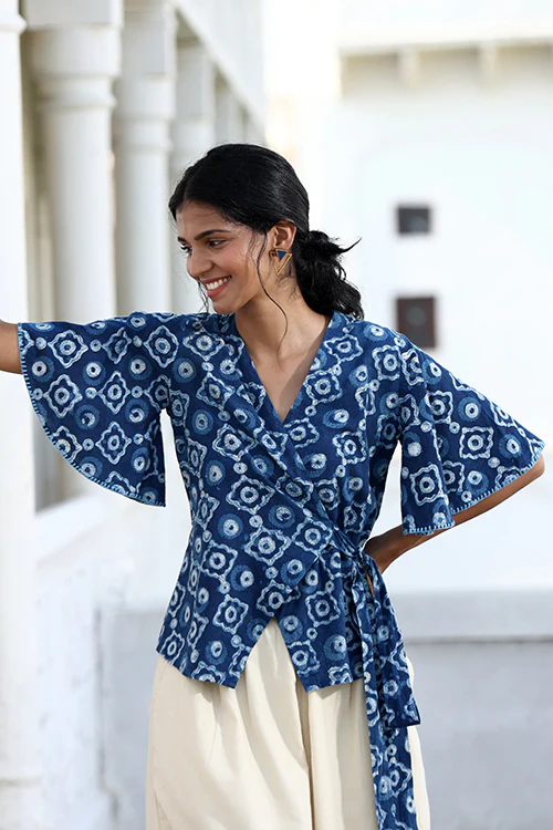 Okhai "Starry Eyes" Hand-Embroidered Pure Cotton Indigo Wrap Top - Image 2