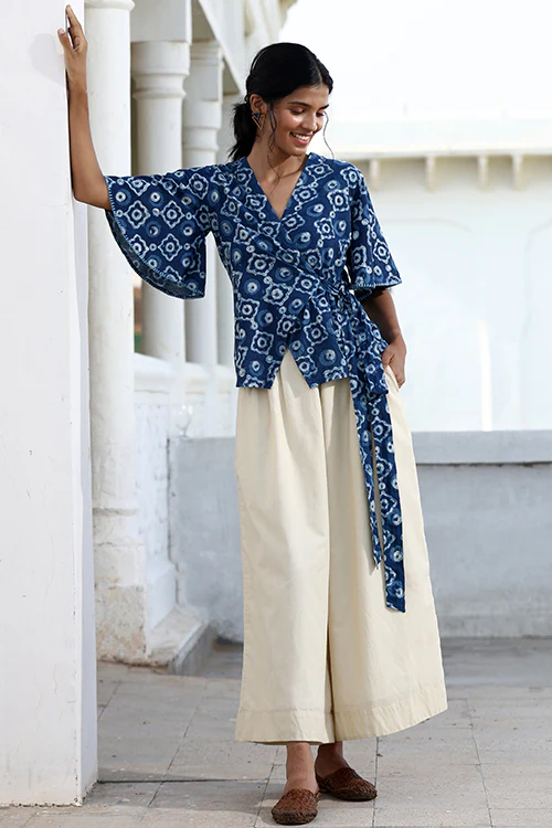 Okhai "Starry Eyes" Hand-Embroidered Pure Cotton Indigo Wrap Top - Image 3