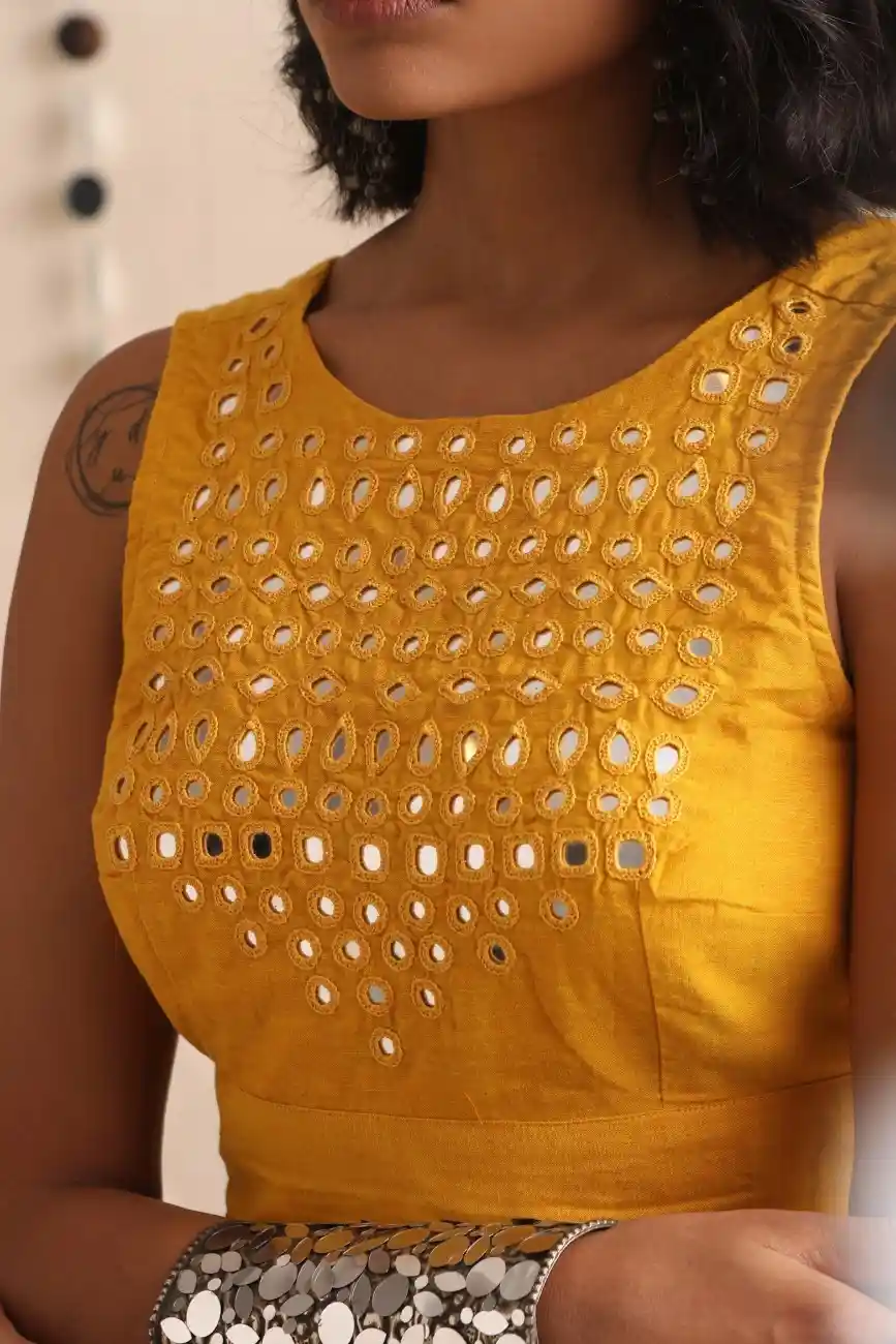 Okhai "Sunshine" Mirrorwork Yellow Pure Cotton Sleeveless Blouse - Image 2