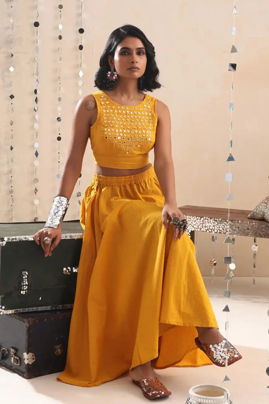 Okhai "Sunshine" Mirrorwork Yellow Pure Cotton Sleeveless Blouse - Image 4