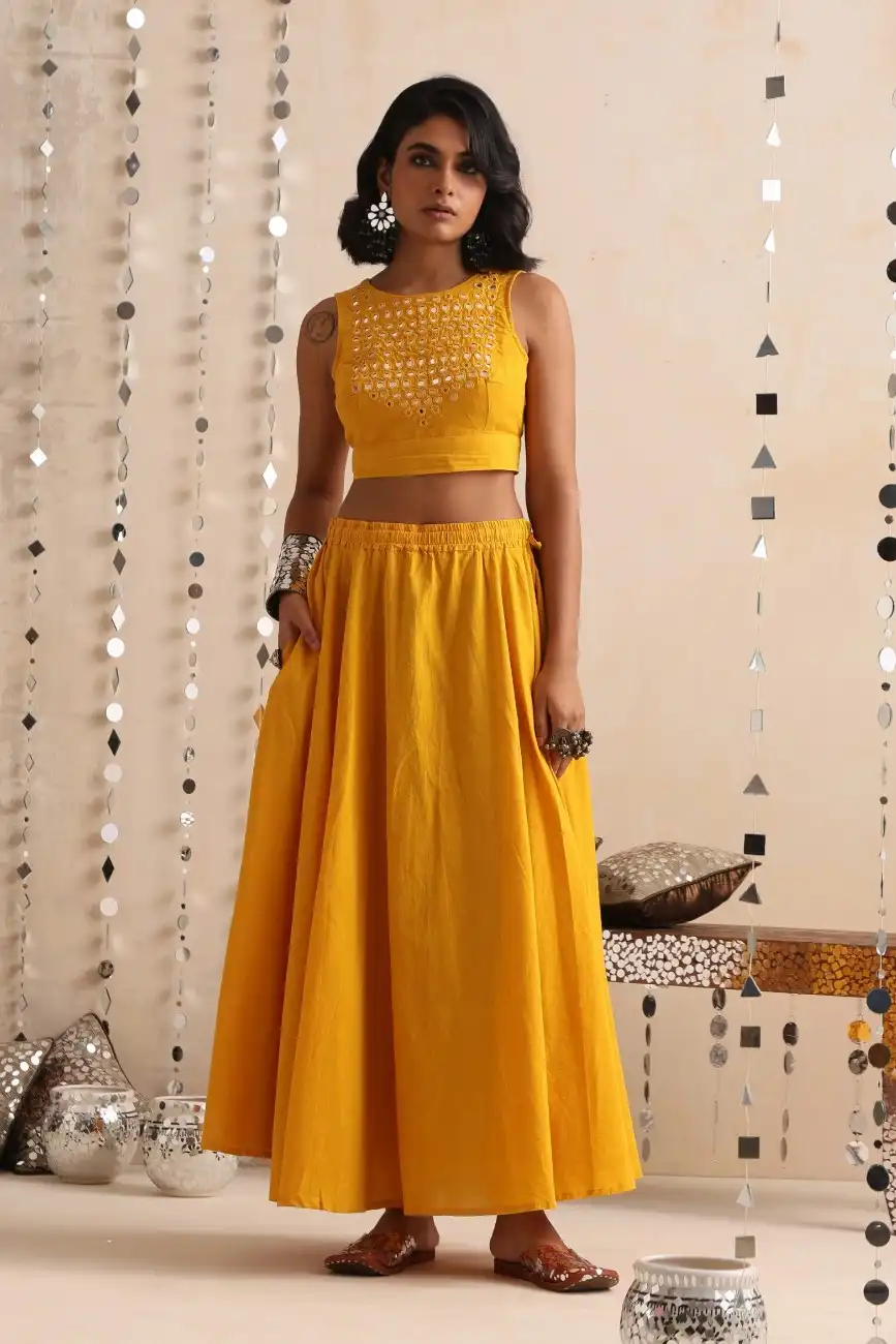 Okhai "Sunshine" Mirrorwork Yellow Pure Cotton Sleeveless Blouse - Image 5