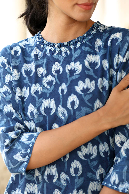 Okhai "Tarang" Hand-Embroidered Beadwork Pure Cotton Indigo Kurta Pant Set - Image 2