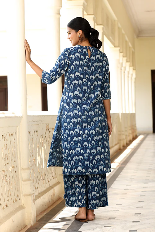 Okhai "Tarang" Hand-Embroidered Beadwork Pure Cotton Indigo Kurta Pant Set - Image 4