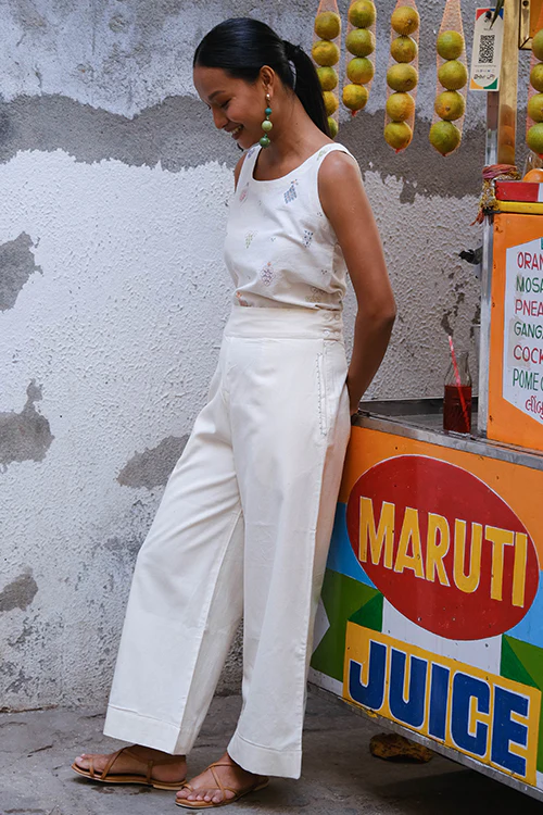 Okhai "Tender Coconut" Suf Embroidered Pure Cotton White Pants - Image 6