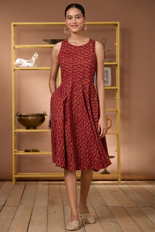 Okhai "Terravita" Handblock Printed Ajrakh Pure Cotton Cross-Back Dress