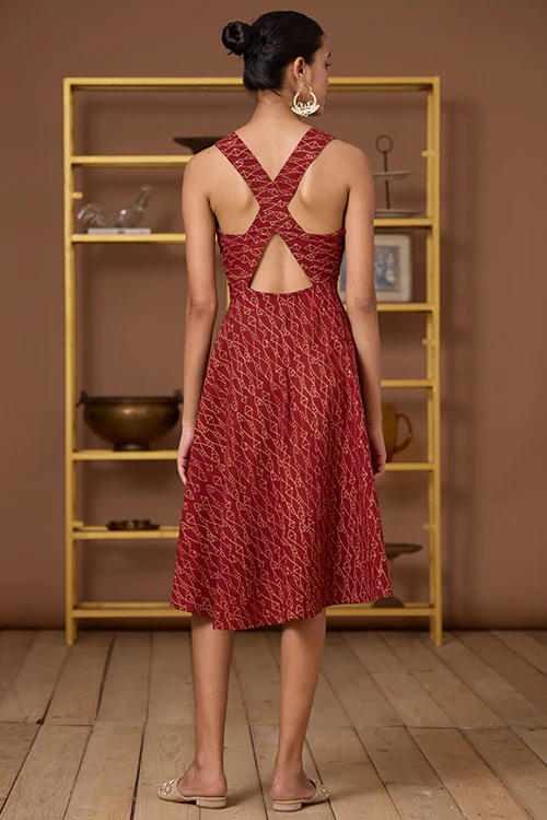 Okhai "Terravita" Handblock Printed Ajrakh Pure Cotton Cross-Back Dress - Image 3