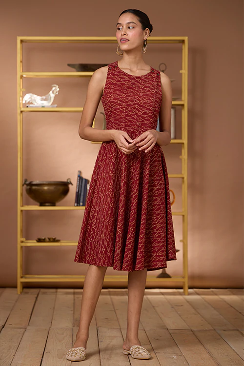 Okhai "Terravita" Handblock Printed Ajrakh Pure Cotton Cross-Back Dress - Image 4
