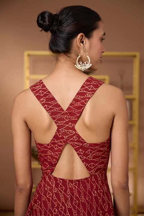 Okhai "Terravita" Handblock Printed Ajrakh Pure Cotton Cross-Back Dress - Image 6