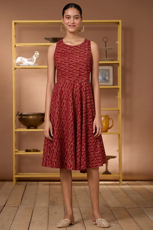 Okhai "Terravita" Handblock Printed Ajrakh Pure Cotton Cross-Back Dress - Image 8