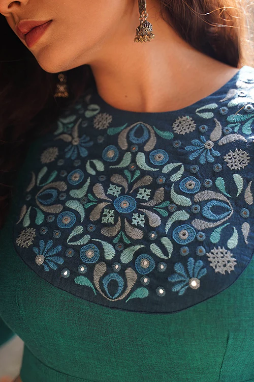 Okhai "Topaz" Hand-Embroidery and Mirrorwork Sea Green Pure Cotton Blouse - Image 2