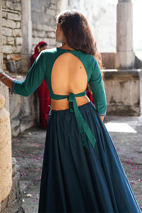 Okhai "Topaz" Hand-Embroidery and Mirrorwork Sea Green Pure Cotton Blouse - Image 3