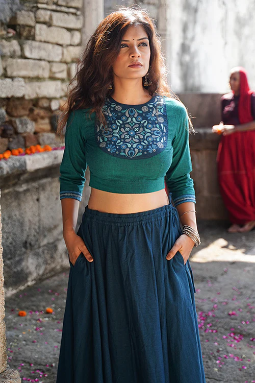 Okhai "Topaz" Hand-Embroidery and Mirrorwork Sea Green Pure Cotton Blouse - Image 5