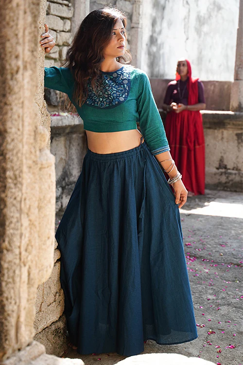 Okhai "Topaz" Hand-Embroidery and Mirrorwork Sea Green Pure Cotton Blouse - Image 6