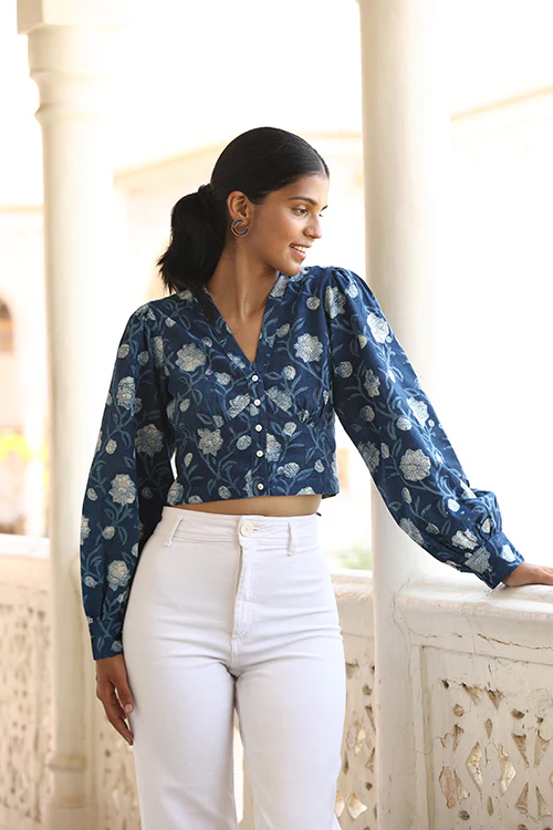 Okhai "Velvet Blue" Handblock Printed Pure Cotton Indigo Top - Image 3