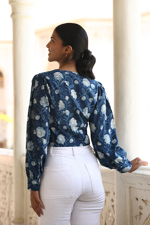 Okhai "Velvet Blue" Handblock Printed Pure Cotton Indigo Top - Image 4