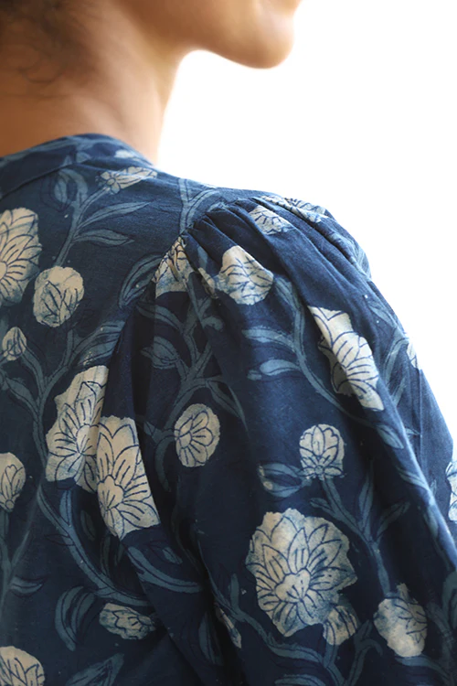 Okhai "Velvet Blue" Handblock Printed Pure Cotton Indigo Top - Image 5