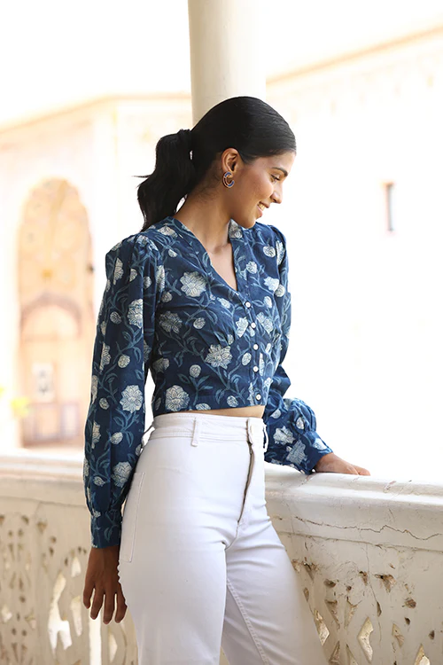 Okhai "Velvet Blue" Handblock Printed Pure Cotton Indigo Top - Image 7