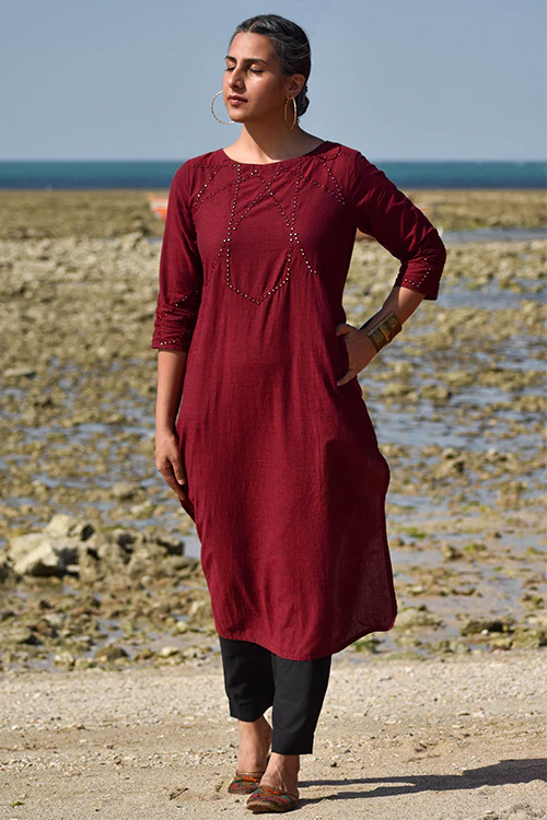 Okhai "Velvet Light" Hand-Embroidered Mirrorwork Pure Cotton Straight Kurta - Image 5