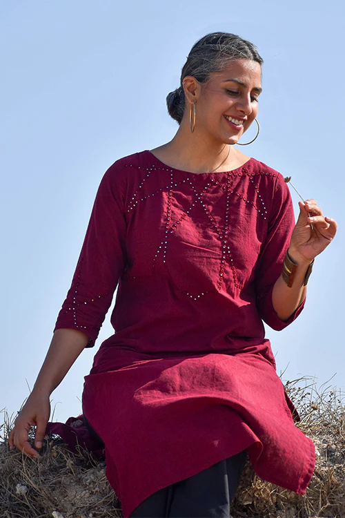 Okhai "Velvet Light" Hand-Embroidered Mirrorwork Pure Cotton Straight Kurta - Image 9