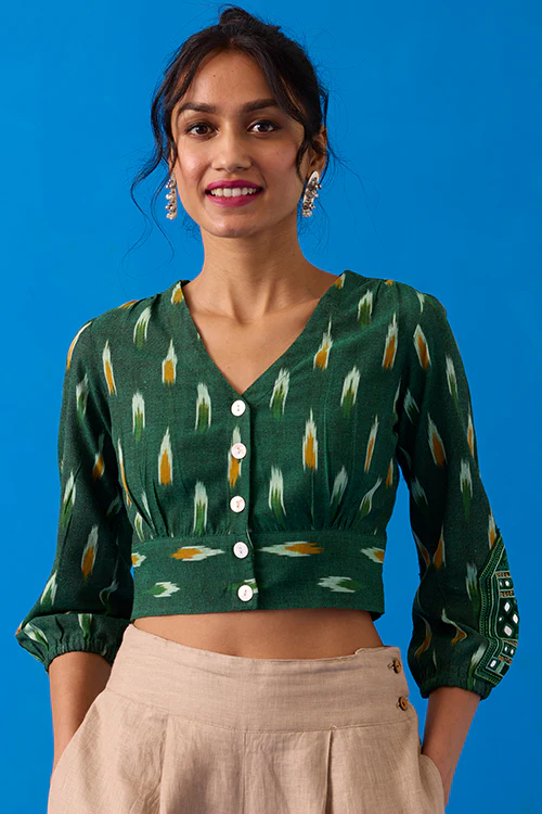 Okhai "Verdine" Hand-Embroidered Mirrorwork Pure Cotton Ikkat Green Top - Image 3